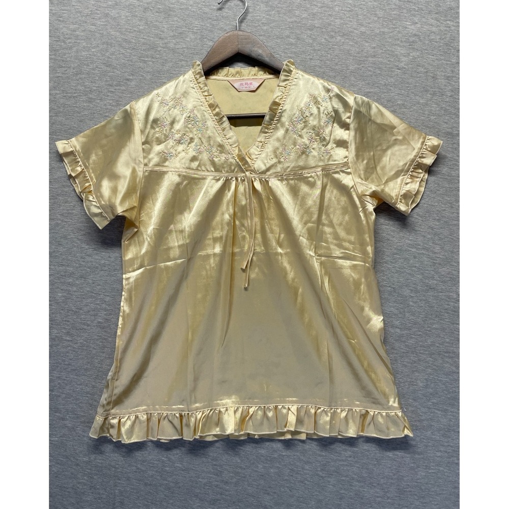 Si Ma Ni Satin Sleepwear Top Women's Small Yellow Floral Embroidered Ruffle Neck